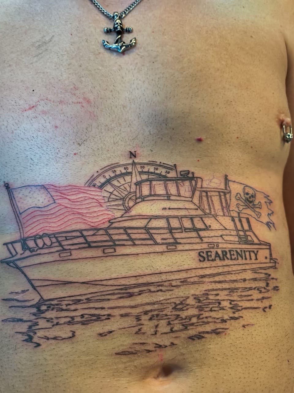 Line-work + Illustrative boat tattoo on Stomach by Night_Veil_Ink on TattMe