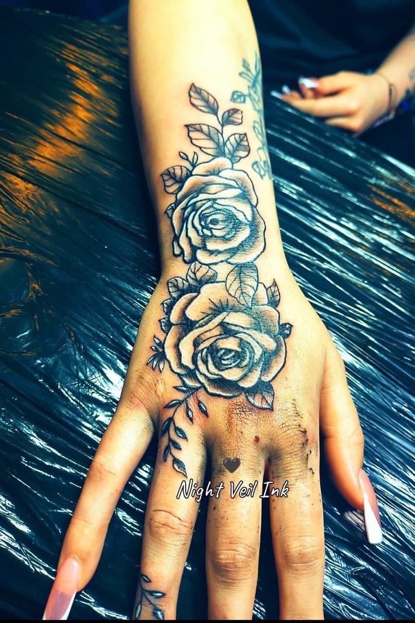 Floral + Black & Grey roses tattoo on Hand by Night_Veil_Ink on TattMe