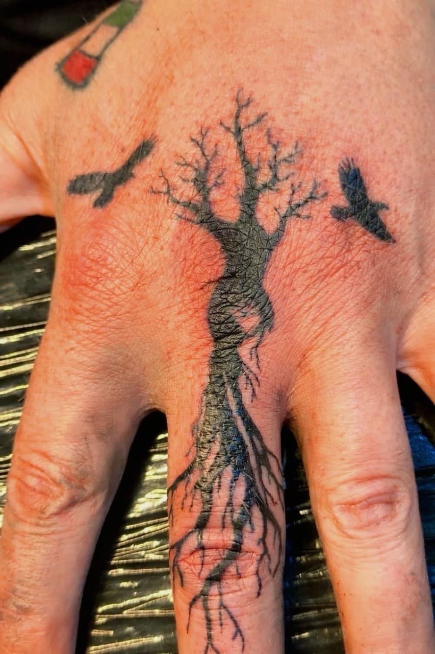 Black-work + Illustrative tree tattoo on Hand by Night_Veil_Ink on TattMe