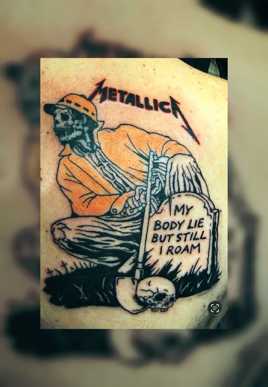 Traditional + New School skeleton tattoo on Upper Back by Night_Veil_Ink on TattMe