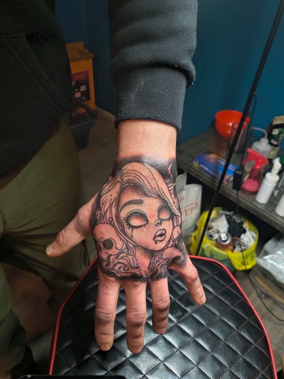 Black & Grey + Illustrative girl tattoo on Hand by Night_Veil_Ink on TattMe