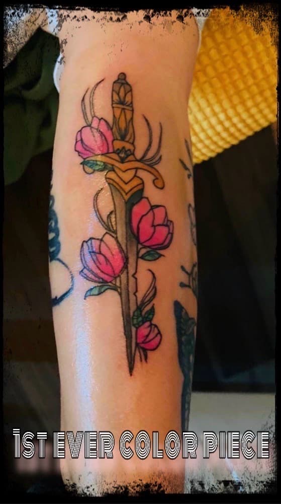 Traditional + Color dagger tattoo on Forearm by Night_Veil_Ink on TattMe