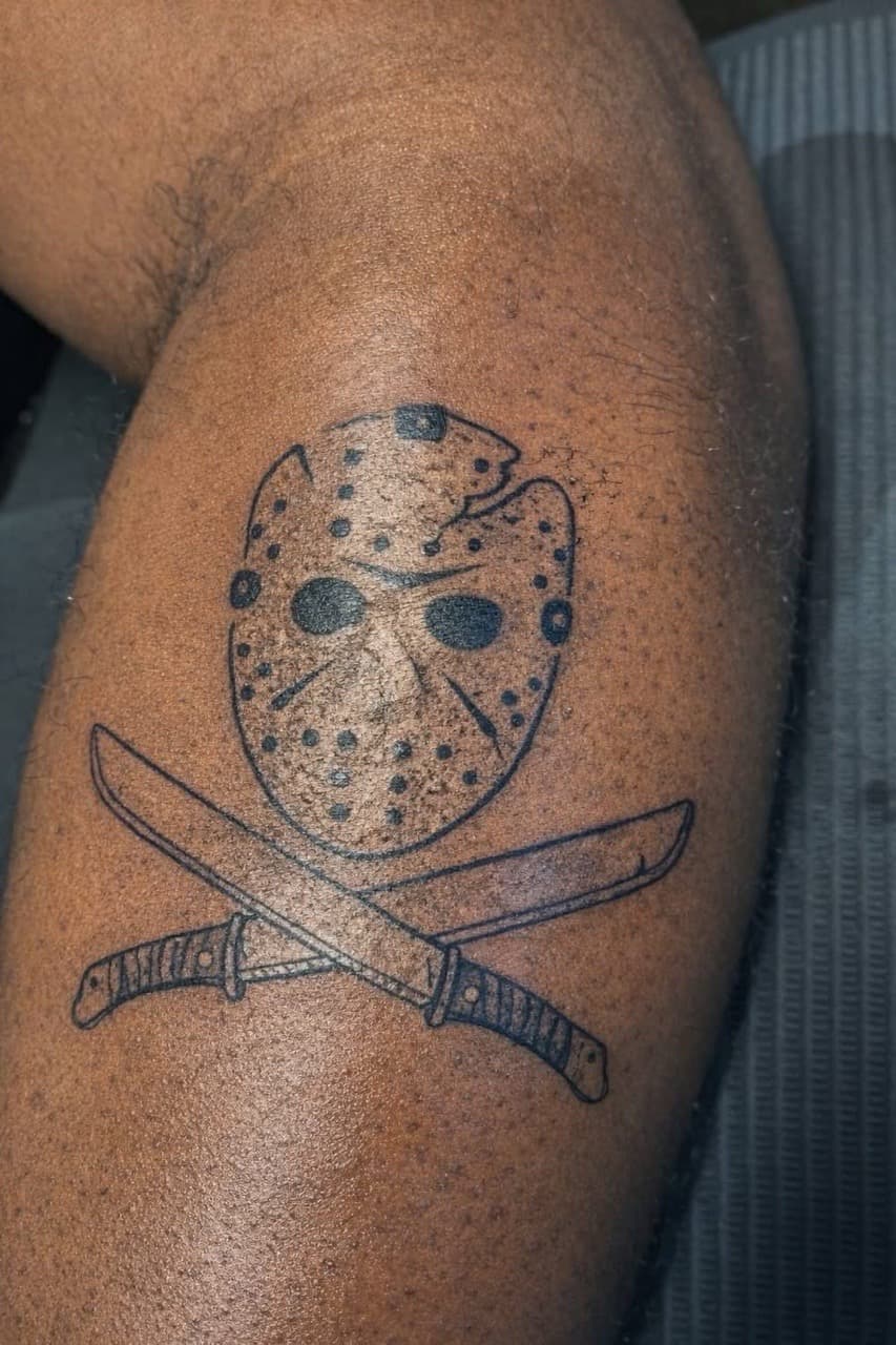 Black-work + Dot-work jason voorhees tattoo on Thigh by Night_Veil_Ink on TattMe