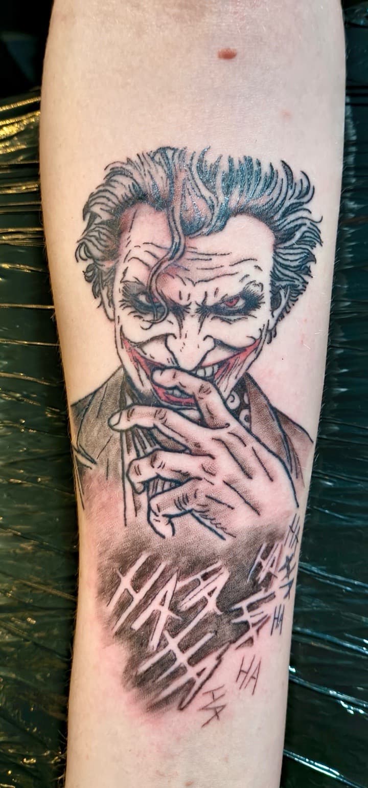 Illustrative + Pop Culture joker tattoo on Forearm by Night_Veil_Ink on TattMe