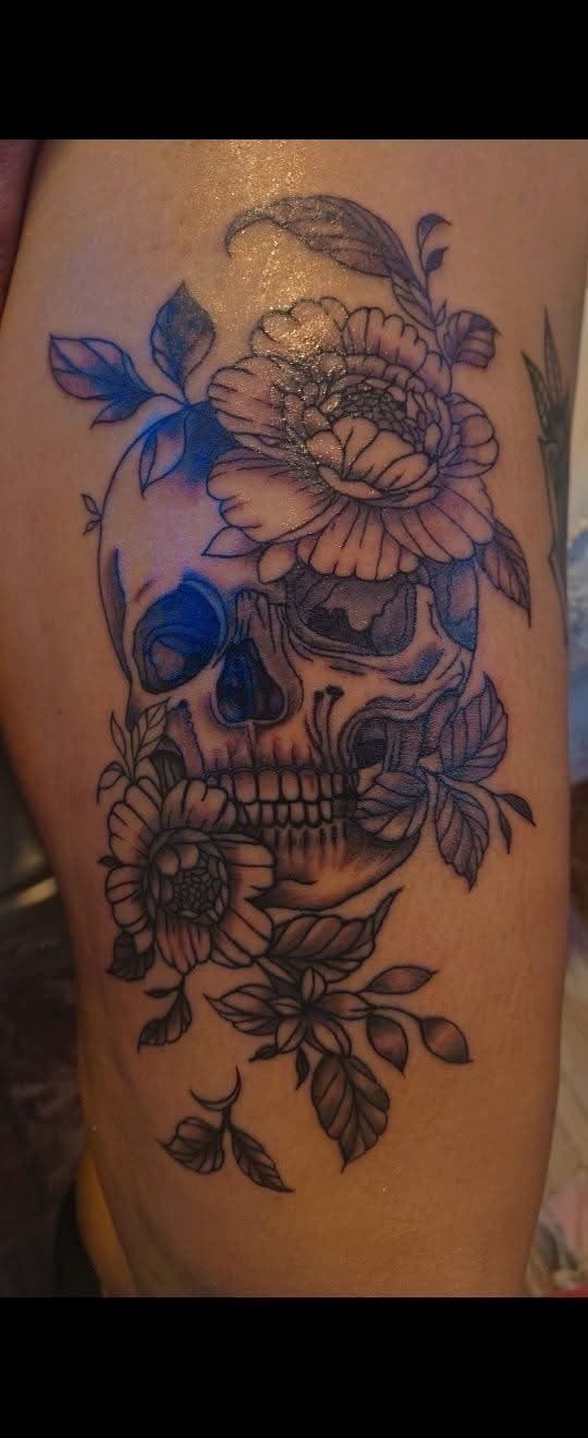 Illustrative + Black & Grey skull tattoo on Thigh by Night_Veil_Ink on TattMe