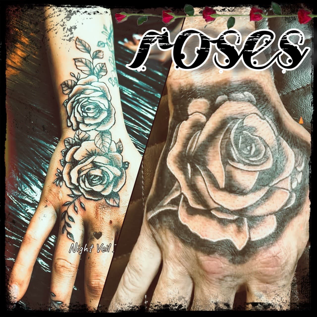Black & Grey + Floral roses tattoo on Hand by Night_Veil_Ink on TattMe