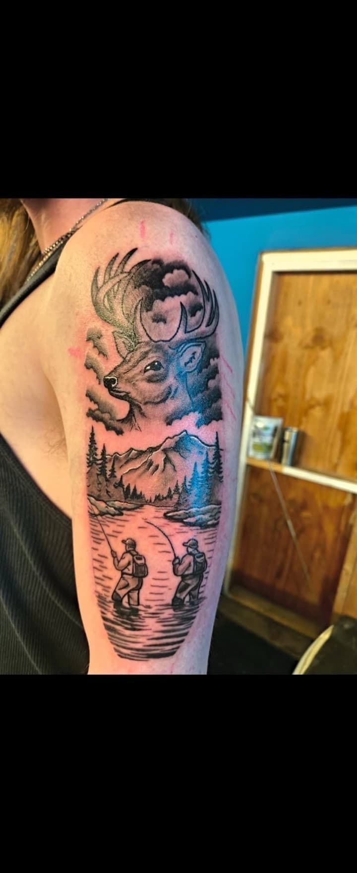Black & Grey + Illustrative deer tattoo on Upper Arm by Night_Veil_Ink on TattMe