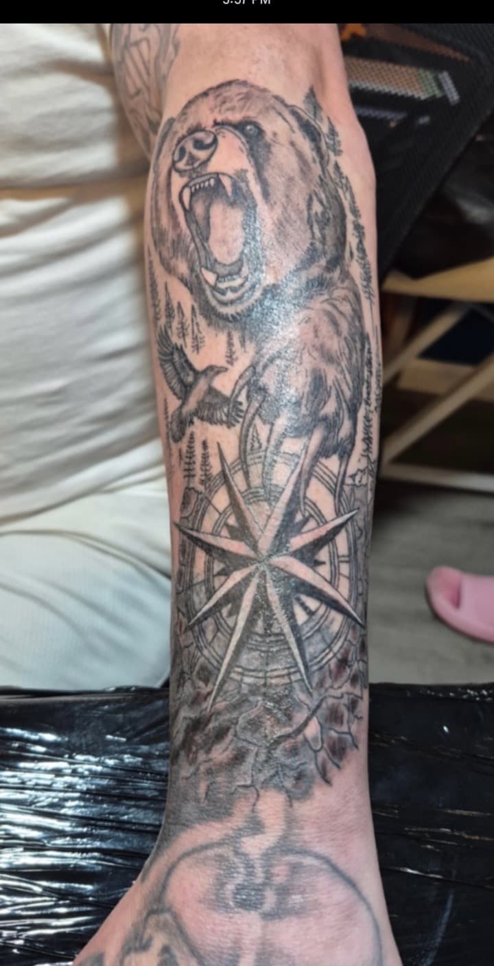 Black & Grey + Illustrative bear tattoo on Forearm by Night_Veil_Ink on TattMe