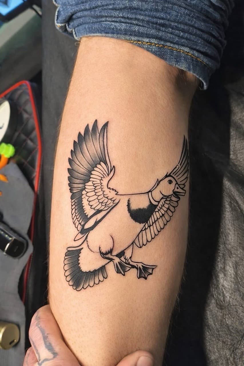 Traditional + American Traditional duck tattoo on Calf by Night_Veil_Ink on TattMe