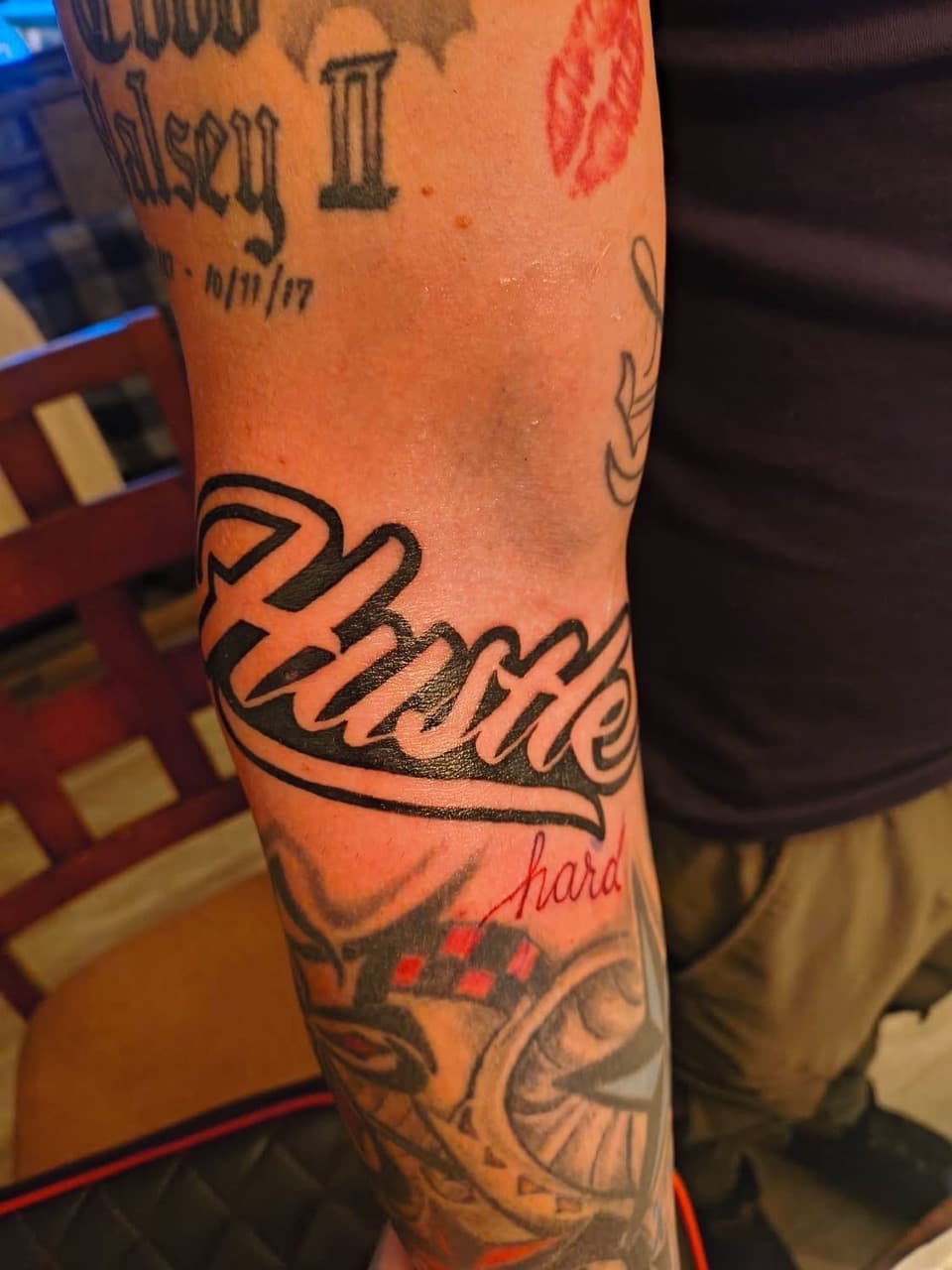 Lettering + Script hustle tattoo on Forearm by Night_Veil_Ink on TattMe