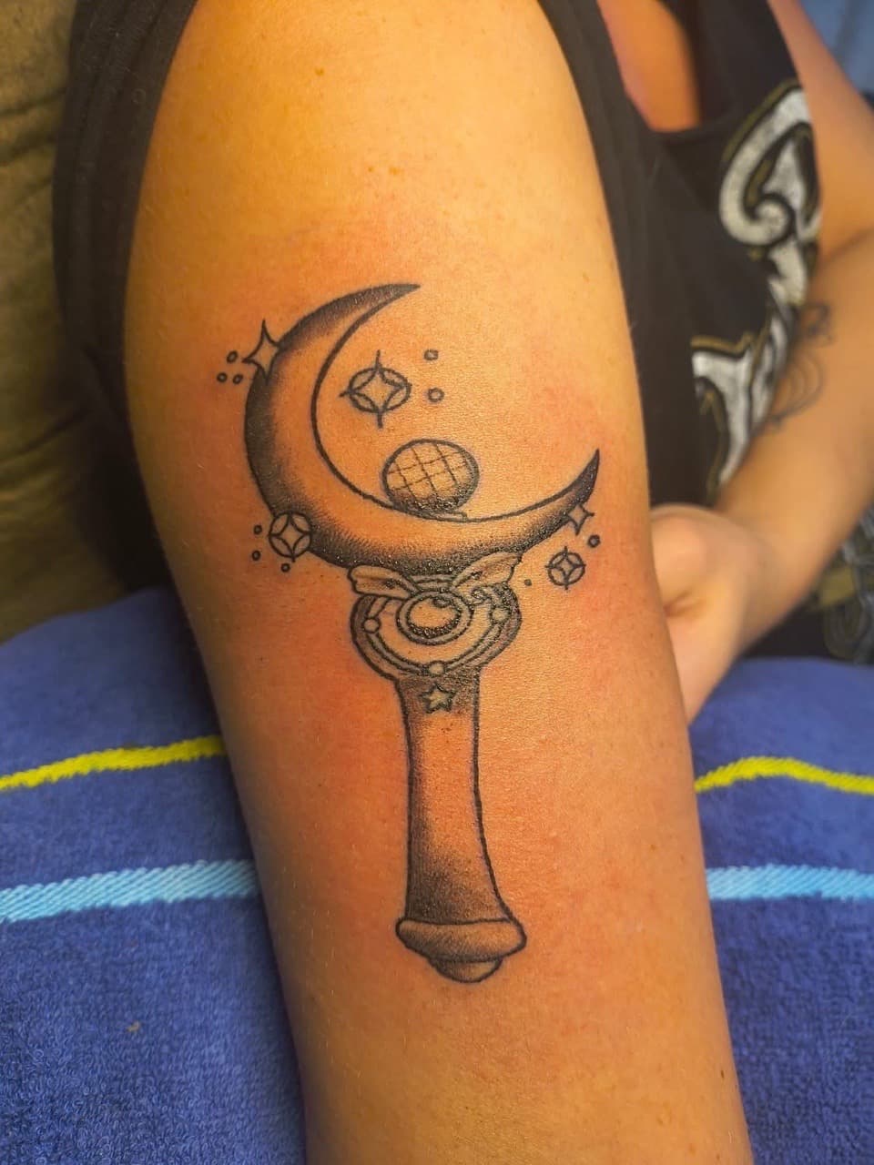 Black & Grey + Line-work moon tattoo on Upper Arm by Night_Veil_Ink on TattMe