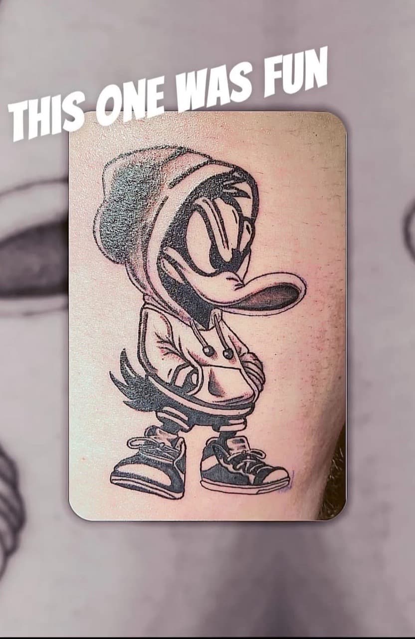 Cartoon + Black & Grey duck tattoo on Forearm by Night_Veil_Ink on TattMe
