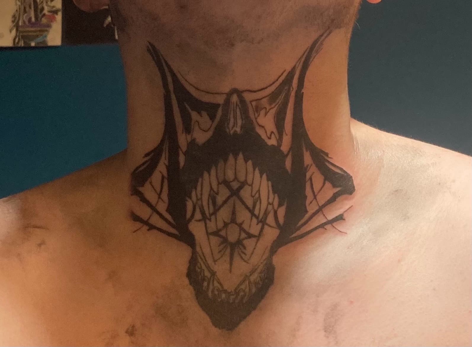 Black-work + Horror monster tattoo on Neck (Front) by Night_Veil_Ink on TattMe