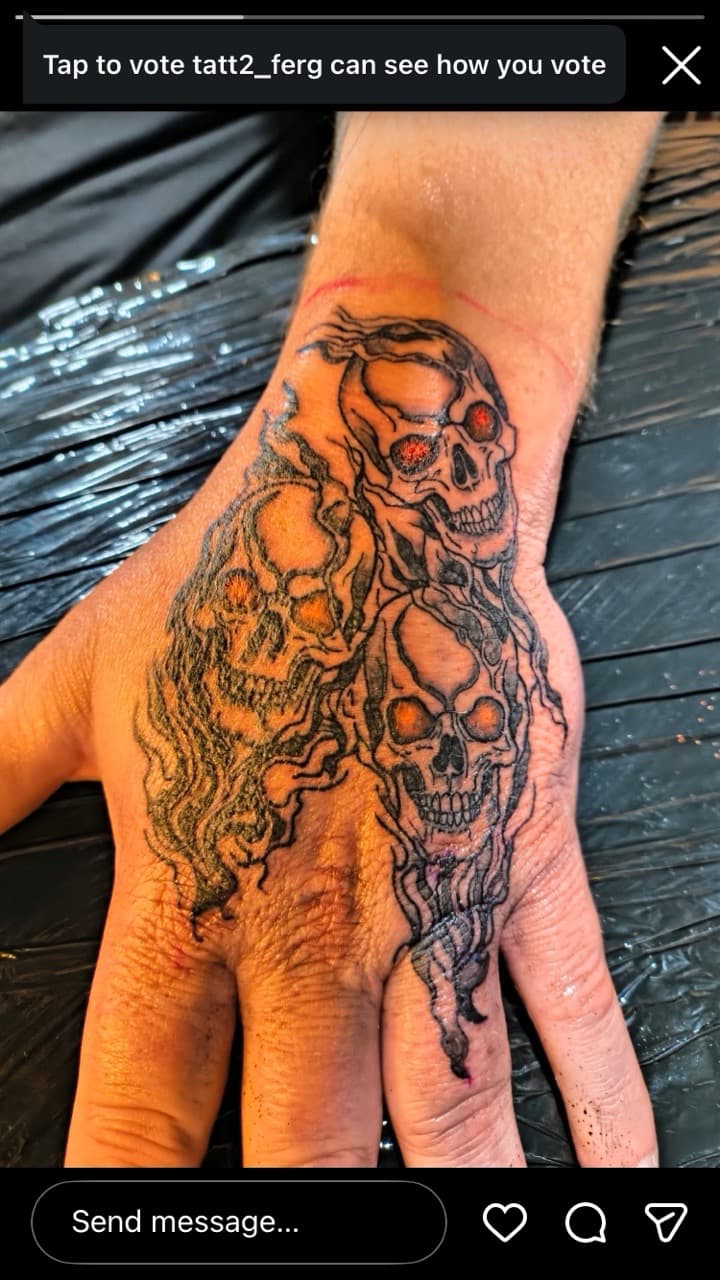 Black-work + Illustrative skulls tattoo on Hand by Night_Veil_Ink on TattMe