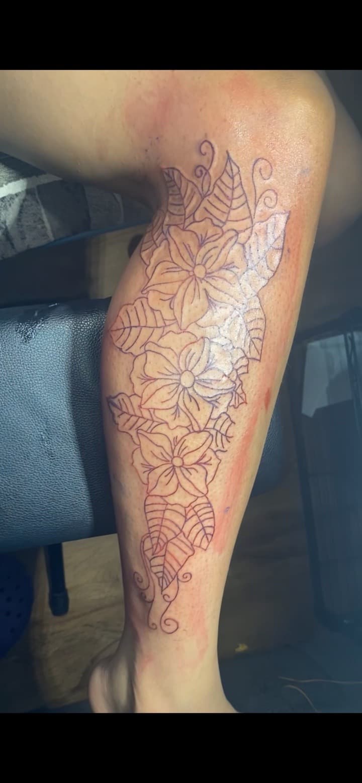 Floral + Line-work flowers tattoo on Calf by JrrrInkkk on TattMe