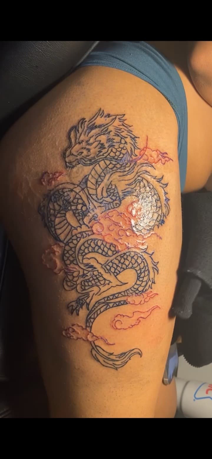Japanese + Line-work dragon tattoo on Thigh by JrrrInkkk on TattMe