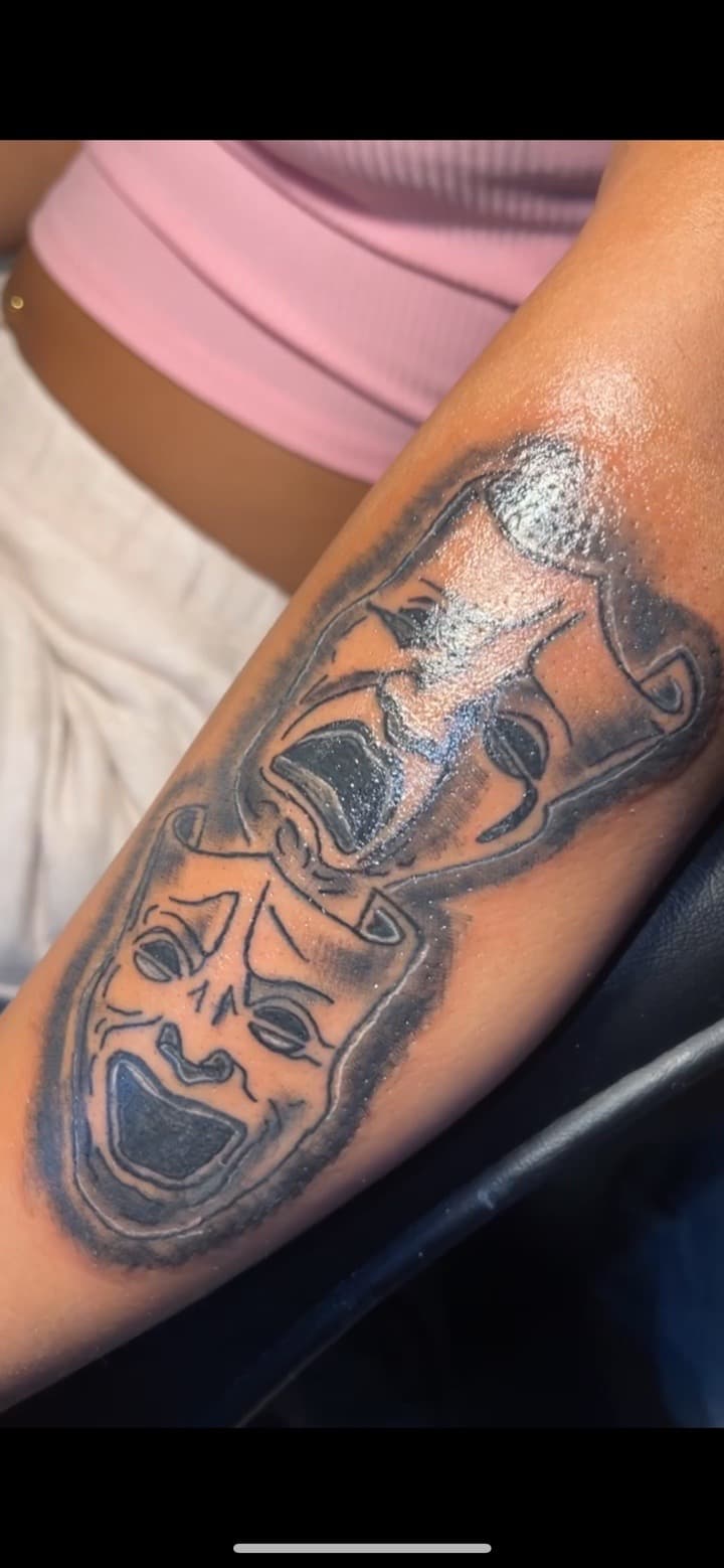 Black & Grey + Illustrative masks tattoo on Forearm by JrrrInkkk on TattMe