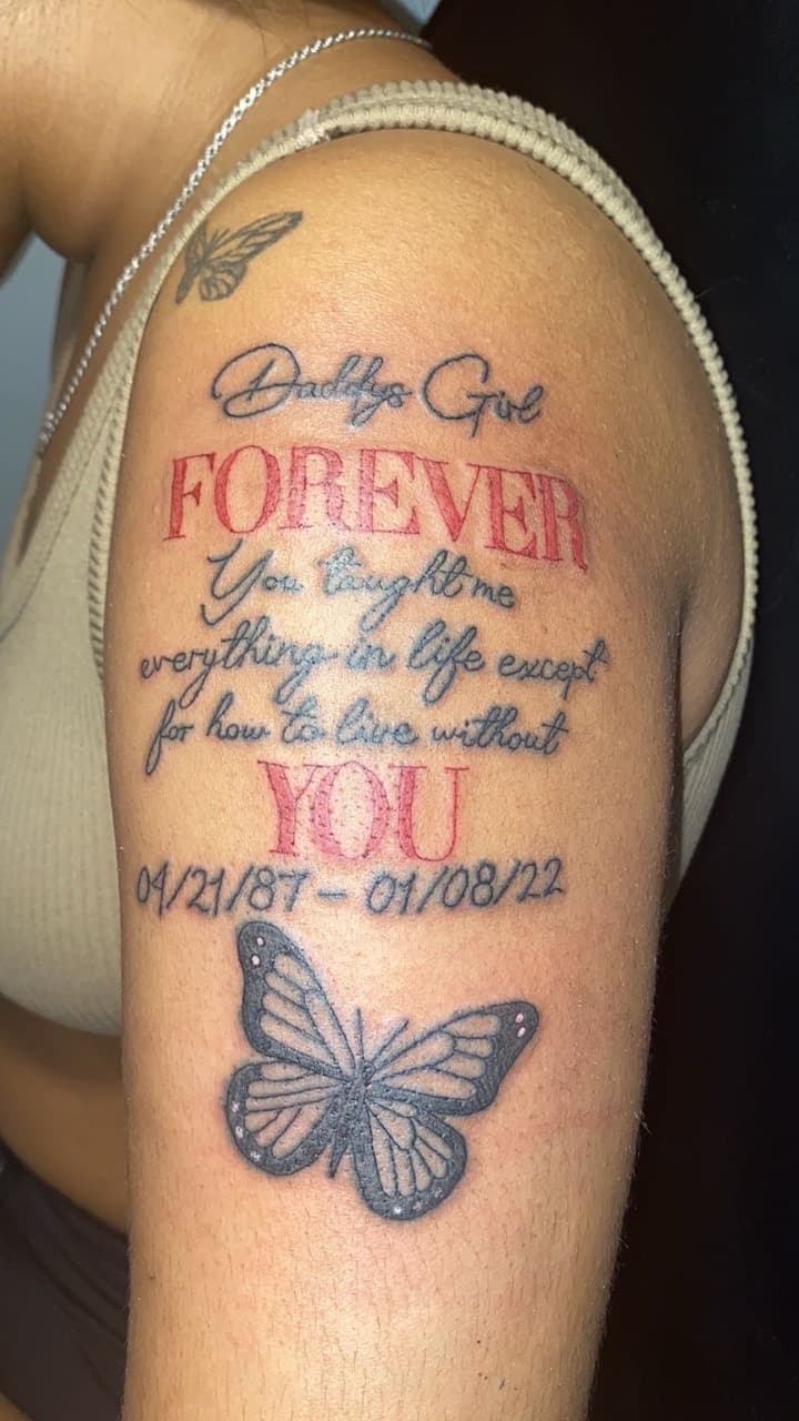 Lettering + Script butterfly tattoo on Upper Arm by JrrrInkkk on TattMe