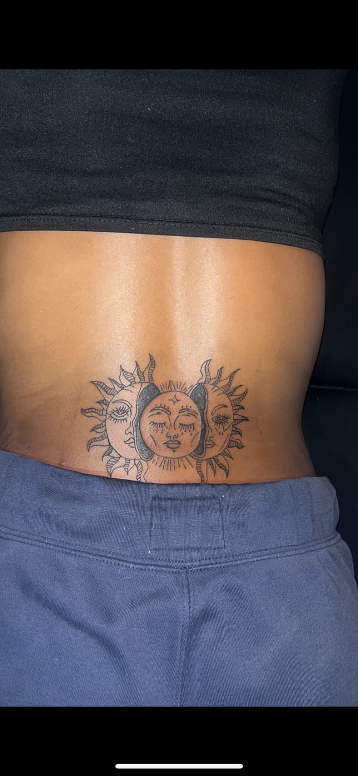 Fine Line + Black & Grey sun tattoo on Lower Back by JrrrInkkk on TattMe