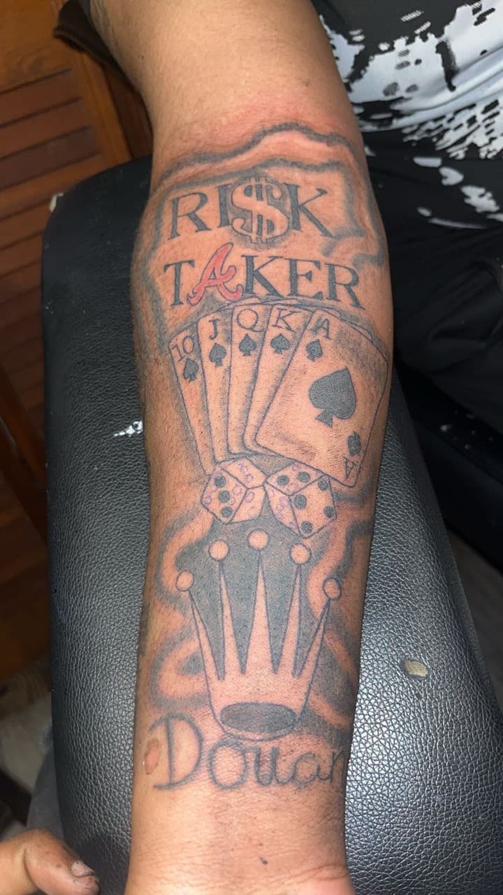 Black & Grey + Lettering playing cards tattoo on Forearm by JrrrInkkk on TattMe