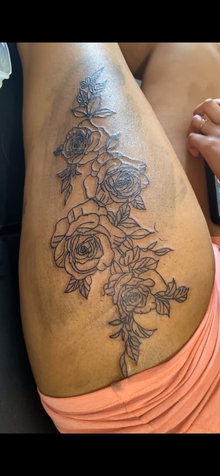 Fine Line + Floral roses tattoo on Thigh by JrrrInkkk on TattMe