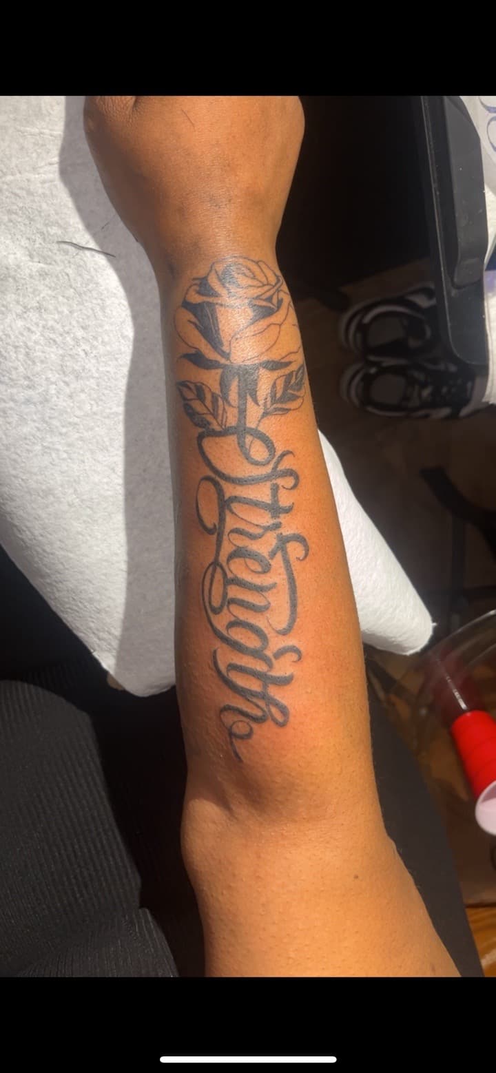 Lettering + Script rose tattoo on Forearm by JrrrInkkk on TattMe