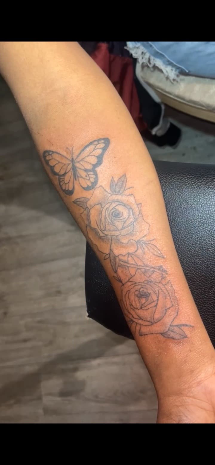 Fine Line + Black & Grey butterfly tattoo on Forearm by JrrrInkkk on TattMe