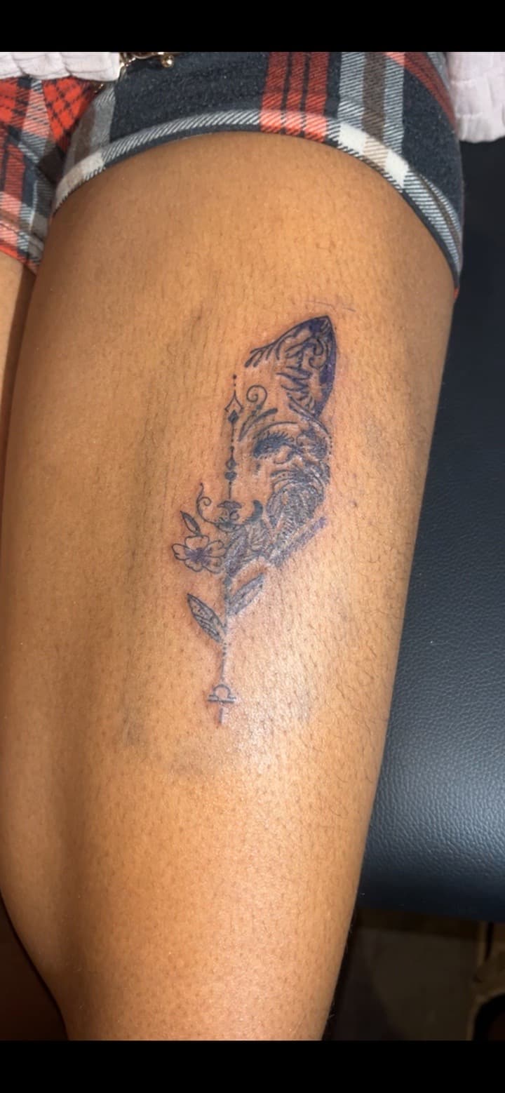 Fine Line + Black-work wolf tattoo on Thigh by JrrrInkkk on TattMe