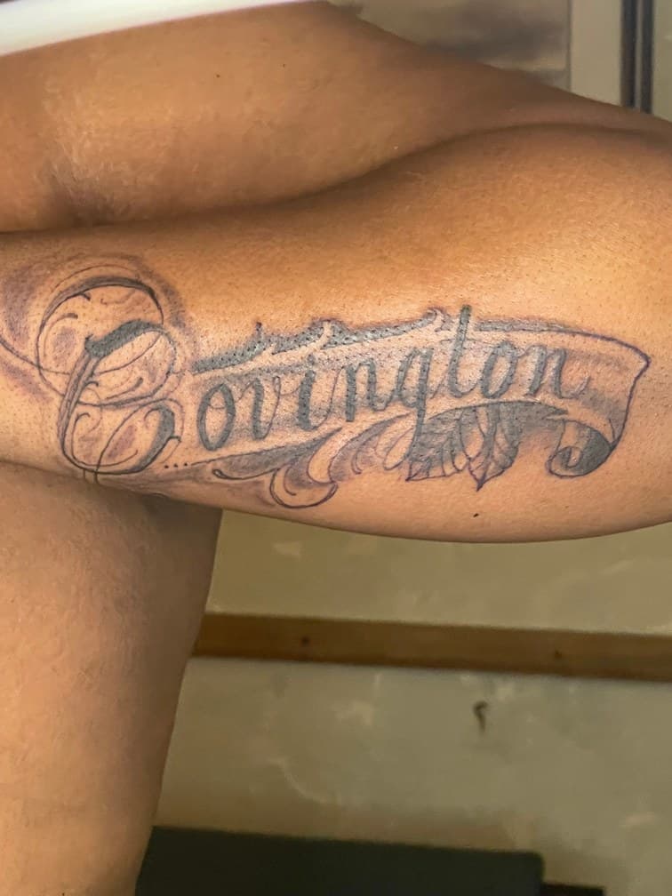 Lettering + Script name tattoo on Upper Arm by Jamarious_Cook on TattMe