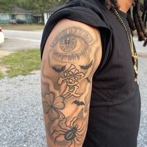 Black & Grey + Fine Line eye tattoo on Upper Arm by Jamarious_Cook on TattMe