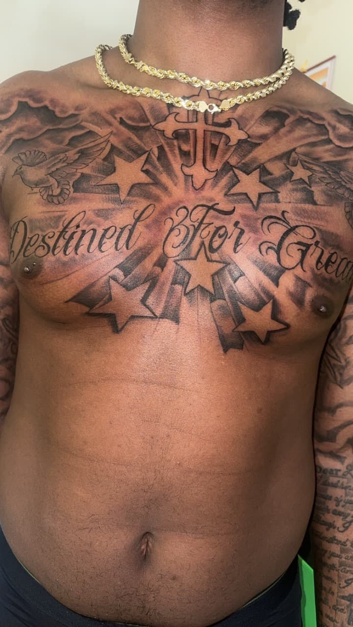 Black & Grey + Lettering stars tattoo on Chest by Jamarious_Cook on TattMe