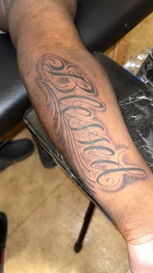 Lettering + Script blessed tattoo on Forearm by Jamarious_Cook on TattMe