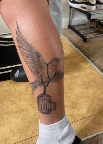 Black & Grey + Illustrative bird tattoo on Calf by Jamarious_Cook on TattMe