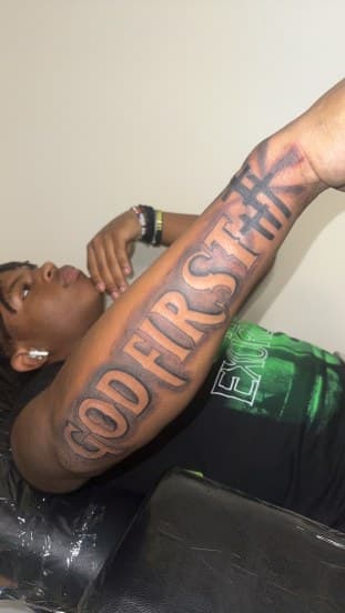 Lettering + Black & Grey god tattoo on Forearm by Jamarious_Cook on TattMe