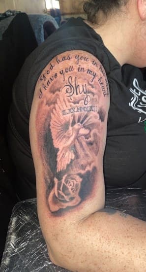 Black & Grey + Lettering dove tattoo on Upper Arm by Jamarious_Cook on TattMe