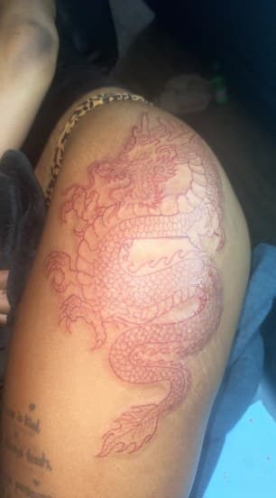 Japanese + Line-work dragon tattoo on Thigh by Jamarious_Cook on TattMe