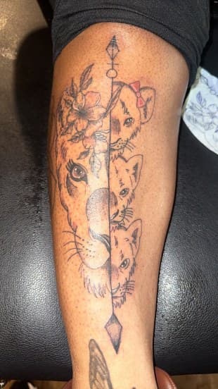 Fine Line + Black & Grey lioness tattoo on Calf by Jamarious_Cook on TattMe