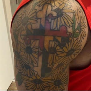 Floral + Color cross tattoo on Shoulder by Shuri_Tatts on TattMe