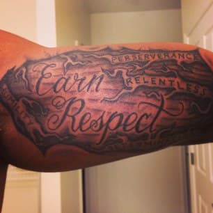 Lettering + Script words tattoo on Upper Arm by Shuri_Tatts on TattMe