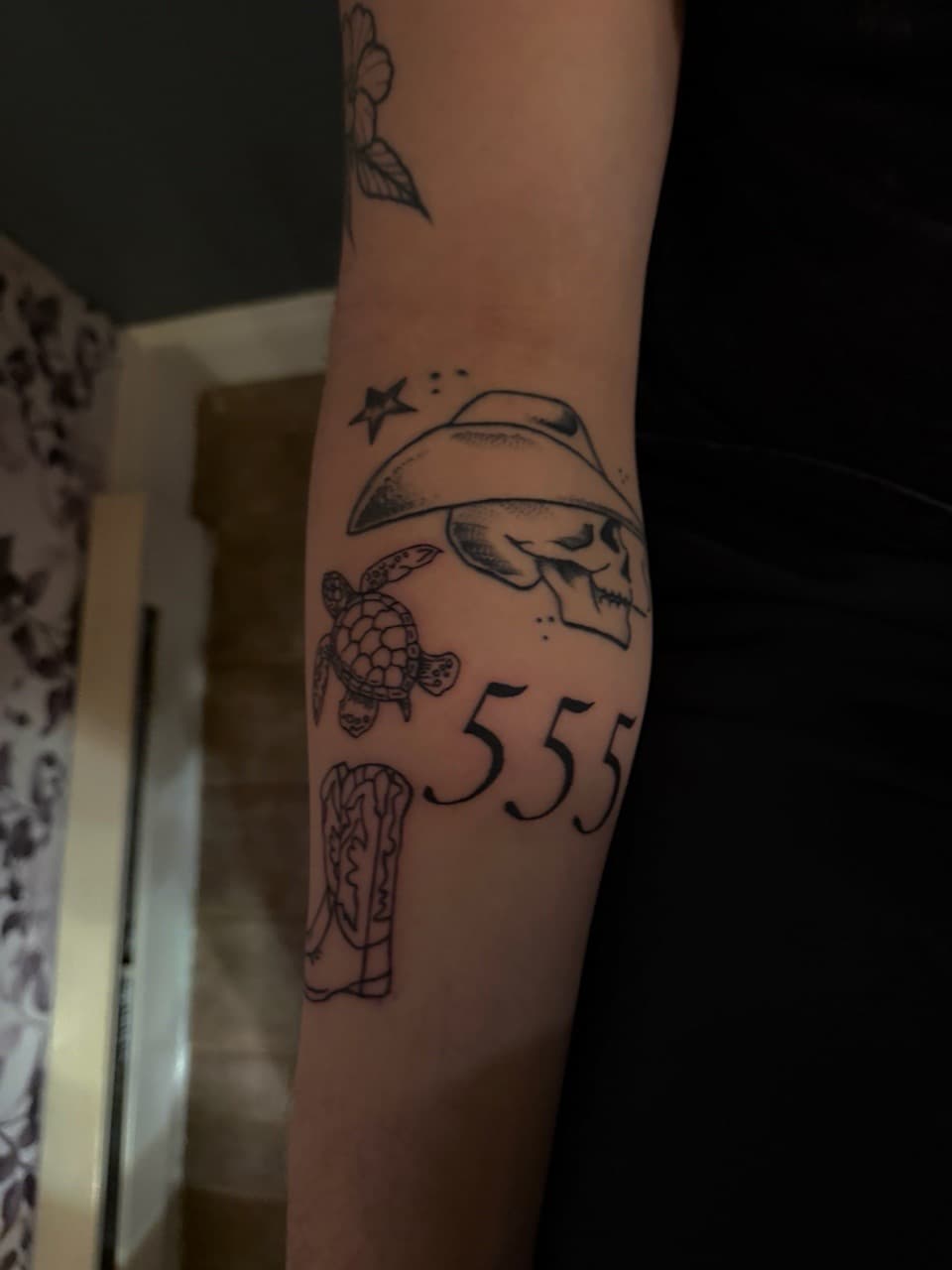 Black-work + Line-work skull tattoo on Forearm by Deanna_inks on TattMe