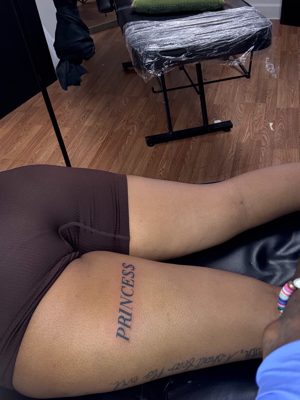 Lettering + Script princess tattoo on Thigh by Speedytattoos on TattMe