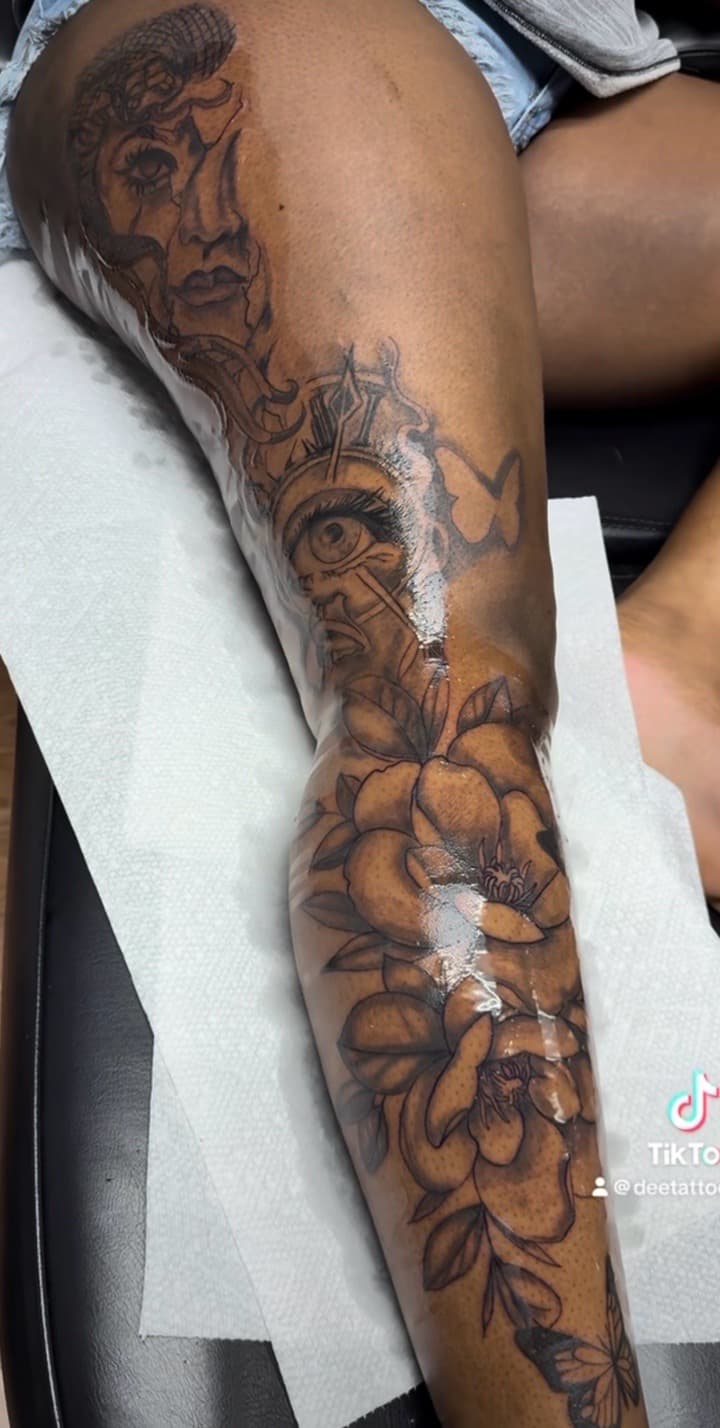 Black & Grey + Illustrative medusa tattoo on Full Leg Sleeve by Speedytattoos on TattMe