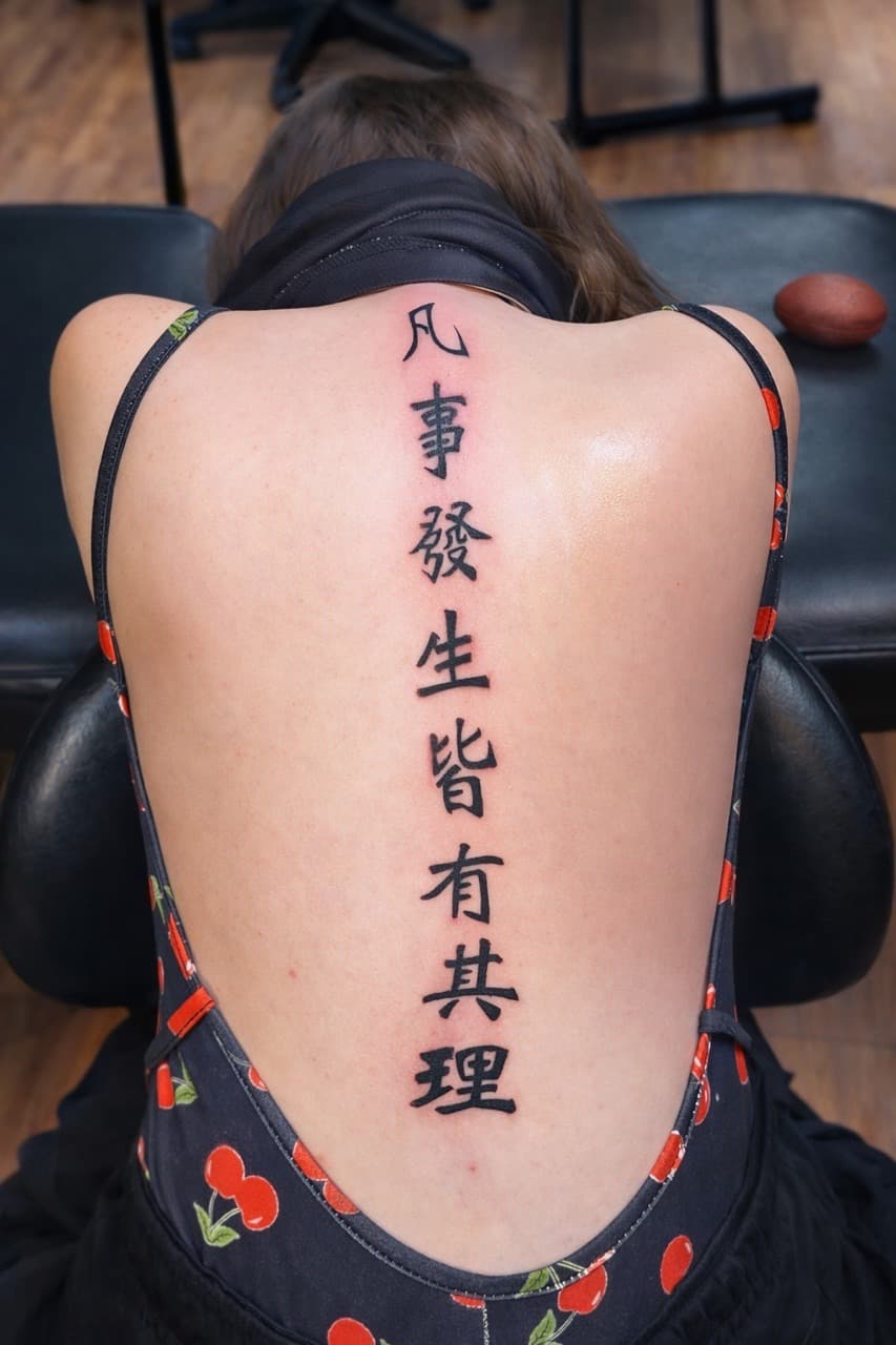 Lettering + Script characters tattoo on Spine by Speedytattoos on TattMe
