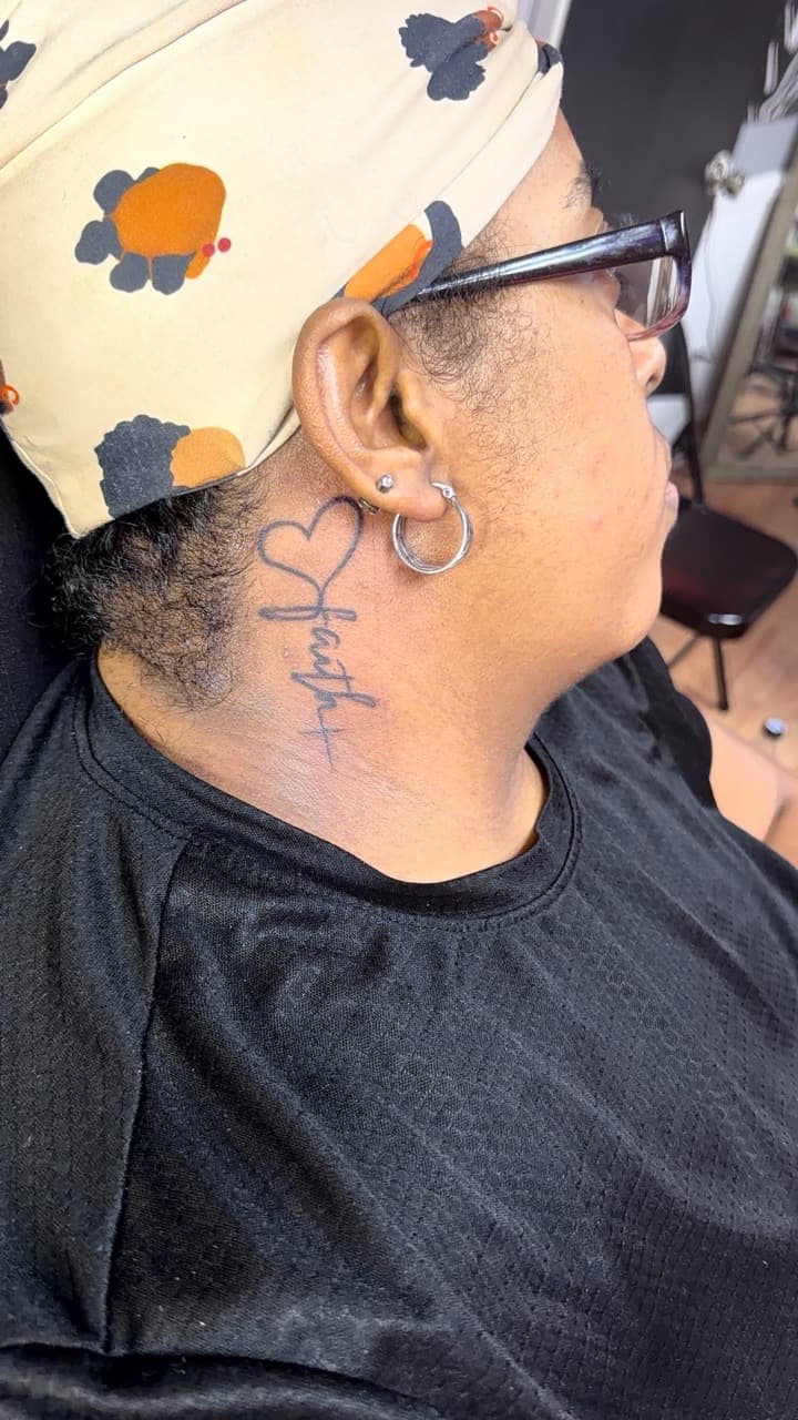 Fine Line + Lettering heart tattoo on Neck (Side) by Speedytattoos on TattMe