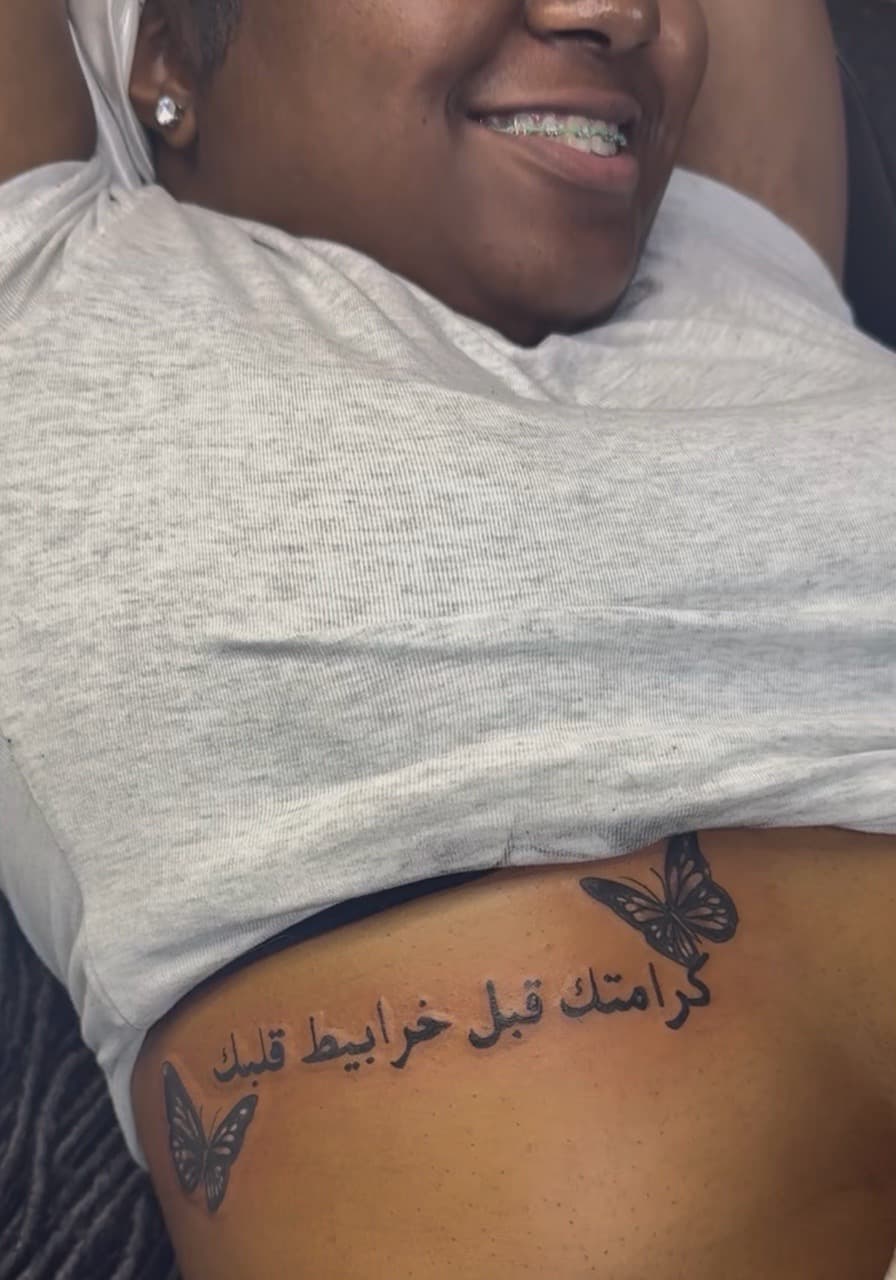 Lettering + Black & Grey arabic script tattoo on Ribs by Speedytattoos on TattMe