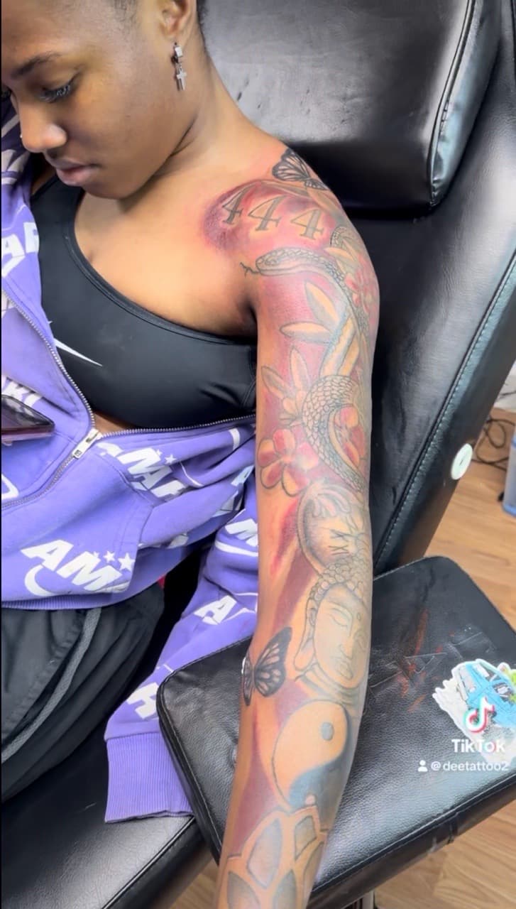 Black & Grey + Illustrative snake tattoo on Full Sleeve by Speedytattoos on TattMe