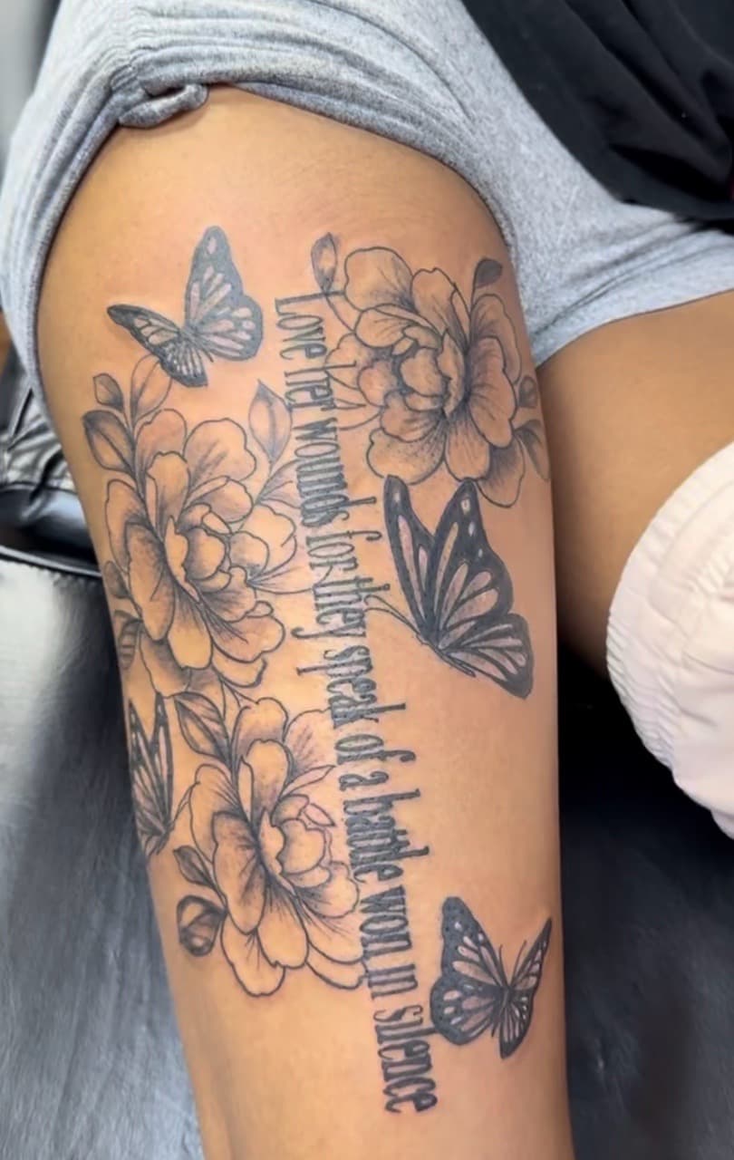 Floral + Black & Grey butterflies tattoo on Thigh by Speedytattoos on TattMe