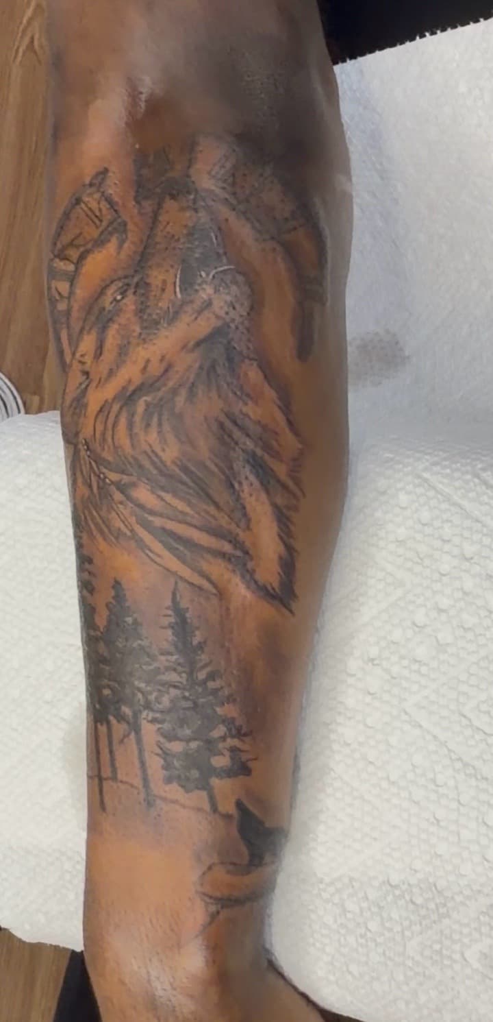 Black & Grey + Illustrative wolf tattoo on Calf by Speedytattoos on TattMe