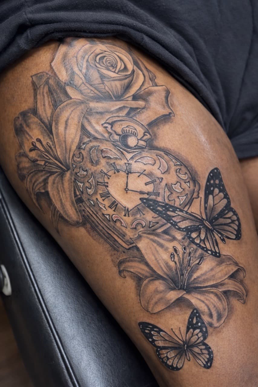 Black & Grey + Illustrative rose tattoo on Thigh by Speedytattoos on TattMe