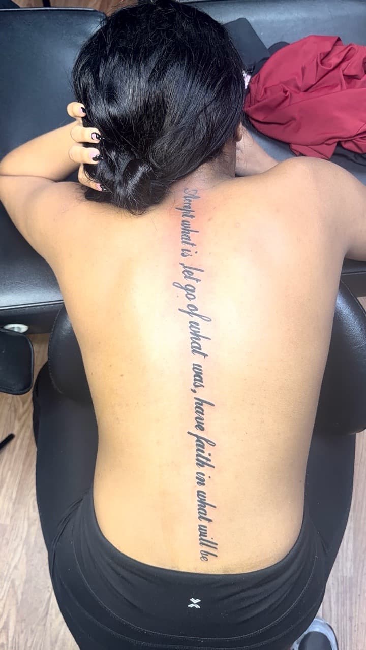 Lettering + Script quote tattoo on Spine by Speedytattoos on TattMe